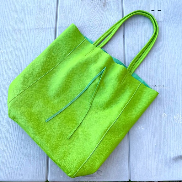 Borse in Pelle Handbags - Borse In Pelle Lime Green Pebble Leather Tote Shoulder Bag Shopper Tie Top ITALY